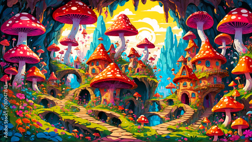 Illustration of a magical city inside the caves with shiny mushrooms and huts with lights on  some flowers  a stone path and yellow sky and white clouds in the background