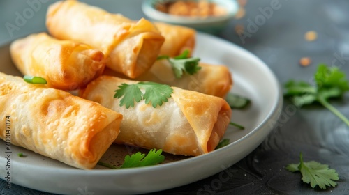 Closeup of delicious fried eggrolls on a plate with parsley garnish and Asian cuisine appeal photo