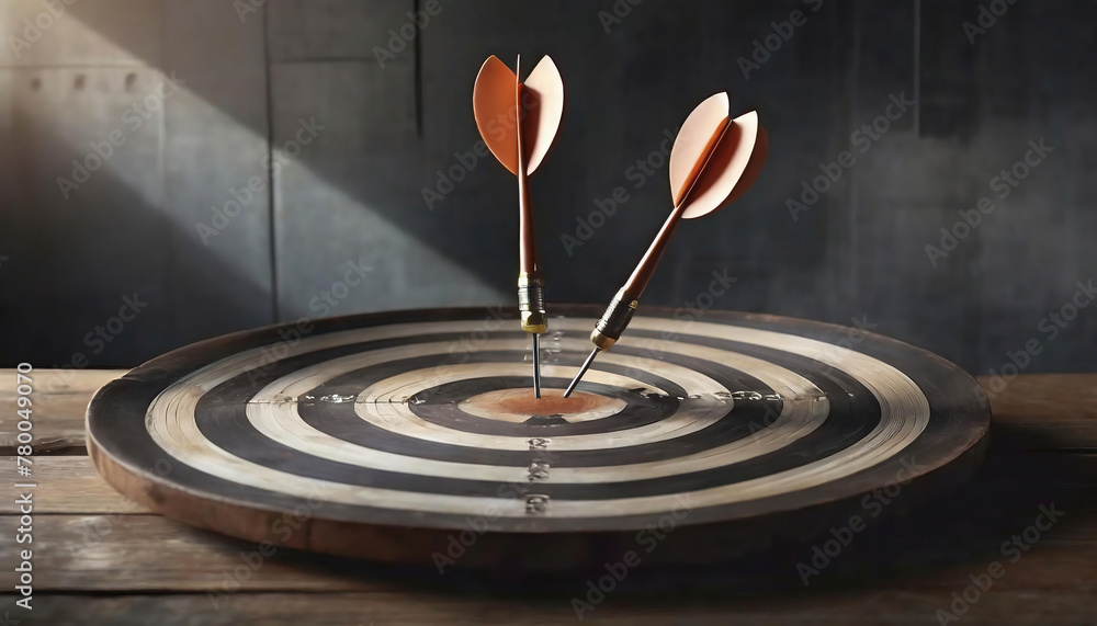 Darts arrows on wooden board in dark room, space for text Darts arrows on wooden board in dark room, space for text