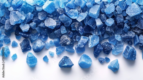 Crystals of blue sea salt on a white background.