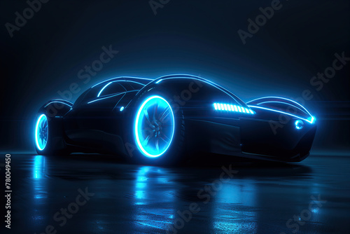 Midnight symphony. A sleek black car illuminated by vibrant blue lights pierces through the darkness, creating a striking visual contrast © guruXOX