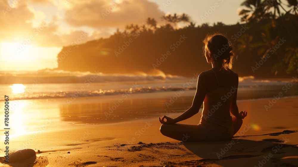 Meditating Woman on Beach at Sunset Harmony