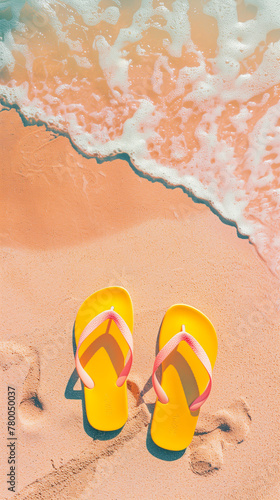 Yellow Flip Flops on Sunny Beach with Sea Foam, summer concept