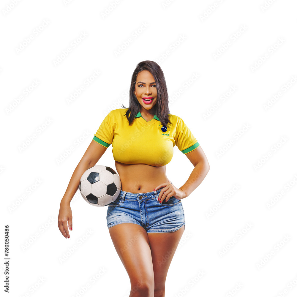 Beautiful young sporty Brazilian woman dressed in sportswear, playing with the ball, soccer and smiling. Isolated on free png background. - obrazy, fototapety, plakaty 