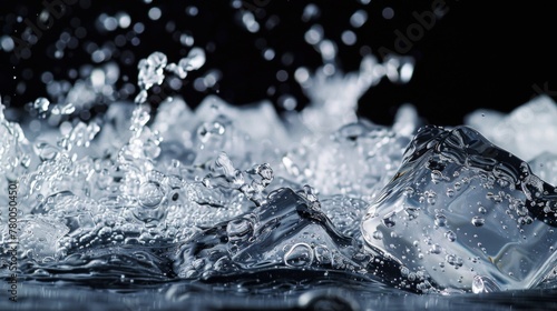 Ice cubes splashing in water on dark backdrop, perfect for refreshing drink illustrations. Transparent ice cubes floating and splashing in water with a black background, closeup view. 