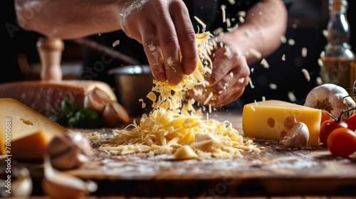 Hands showering grated cheese on a kitchen table.