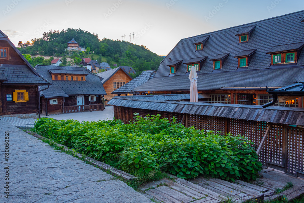 Sunset view of Drvengrad village in Serbia Sunset view of Drvengrad village in Serbia