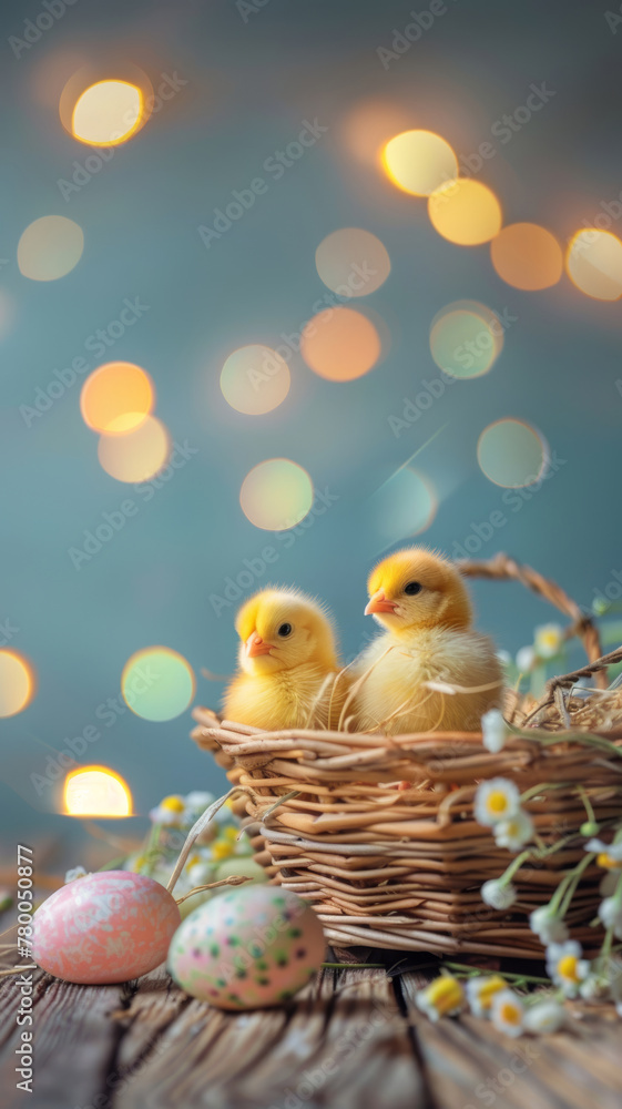 Cheerful Easter Scene, Yellow Chicks Nestled Among Pastel Eggs