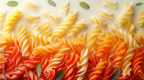 Colorful Fusilli Pasta with Sage Leaves on White