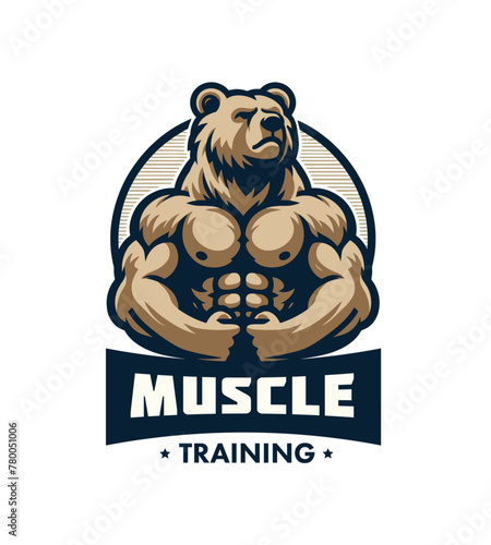 Shredded bear bodybuilder flexing muscles sports logo mascot
