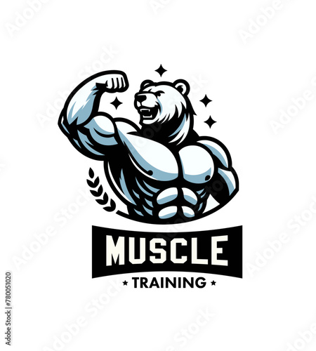 Shredded bear bodybuilder flexing muscles sports logo mascot