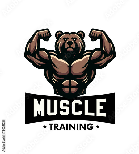 Shredded bear bodybuilder flexing muscles sports logo mascot
