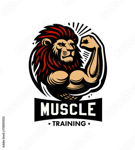 Shredded lion bodybuilder flexing muscles sports logo mascot. Gym training