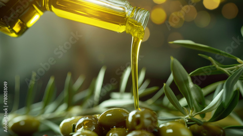 Golden olive oil is poured over olives surrounded by herbs.