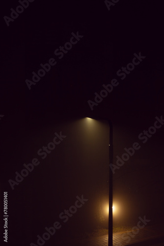 Single streetlamp glowing in the dark with fog air