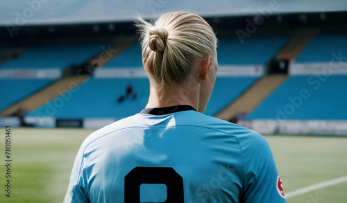 Greatest norwegian football player of all time wearing Manchester´s jersey. Back view of the best soccer striker standing in a stadium field photo