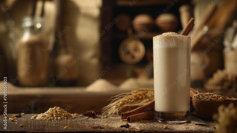 Glass of boza, a classic bulgarian fermented beverage, garnished with cinnamon Glass of boza, a classic bulgarian fermented beverage, garnished with cinnamon