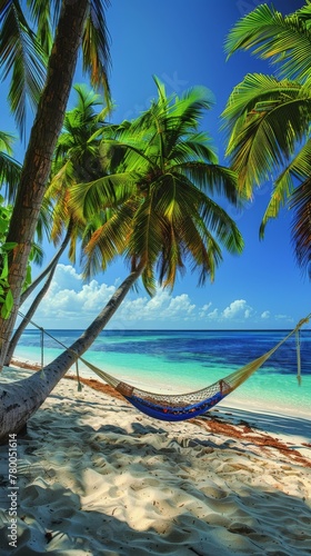Hammock Between Two Palm Trees on Tropical Beach