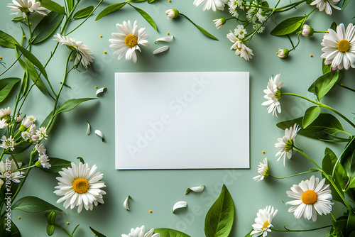 Blank greeting card mockup on green background with spring daisy flowers and decoration, top view with copy space for various events and celebrations.