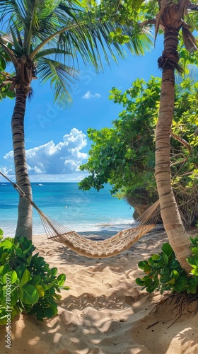 Hammock Between Two Palm Trees on Tropical Beach