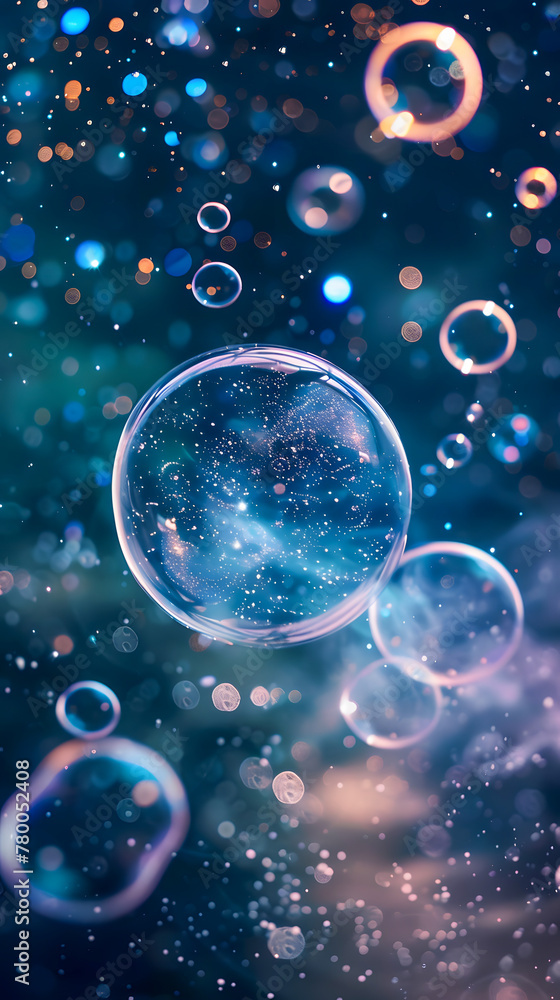 custom made wallpaper toronto digitalCaptivating image of a soap bubble reflecting a galaxy on a deep blue starry background, evoking cosmic wonder