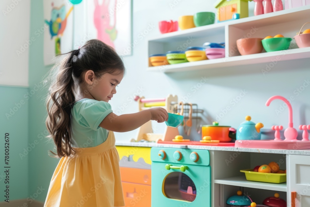 A preschooler is immersed in imaginative play with a toy kitchen set, fostering creativity and social skills in a cozy pastel-colored playroom environment. A preschooler is immersed in imaginative play with a toy kitchen set, fostering creativity and social skills in a cozy pastel-colored playroom environment.