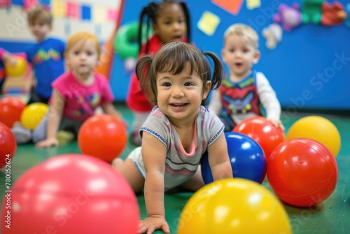 A group of energetic toddlers enthusiastically engaging in sports activities during their physical fitness class, playfully interacting with balls.