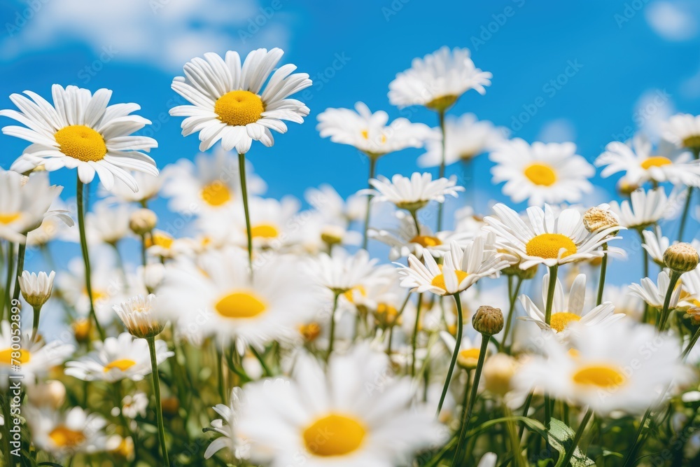 Fototapeta premium A garden filled with daisies and other wildflowers, the white and yellow blooms painting a beautiful summer landscape, capturing the simplicity and cheerfulness of these natural summer blooms.