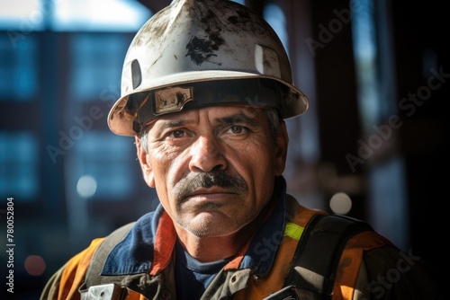 A middle-aged Hispanic construction worker, wearing protective gear, with a determined and focused expression, highlighting his expertise and commitment to his trade on a construction site.