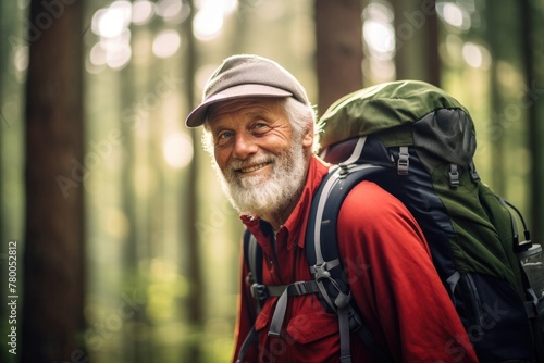 A smiling senior man hiking in a picturesque forest, with a backpack and walking stick, enjoying the beauty of nature in his retirement, taken during a serene outdoor adventure.