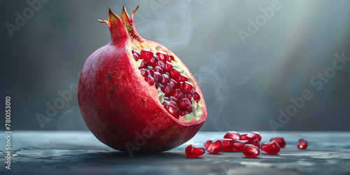 Fresh juicy pomegranate bright background design. Natural organic red fruit concept banner. Raster bitmap digital photo style illustration. AI artwork. photo
