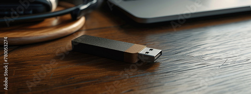 Close up of metal USB flash drive connected to laptop