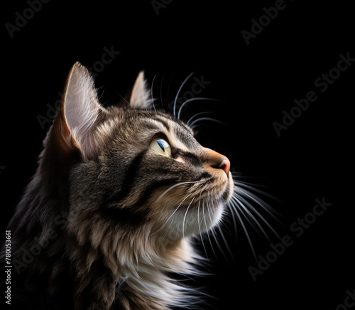 portrait of a cat looking up on a black background