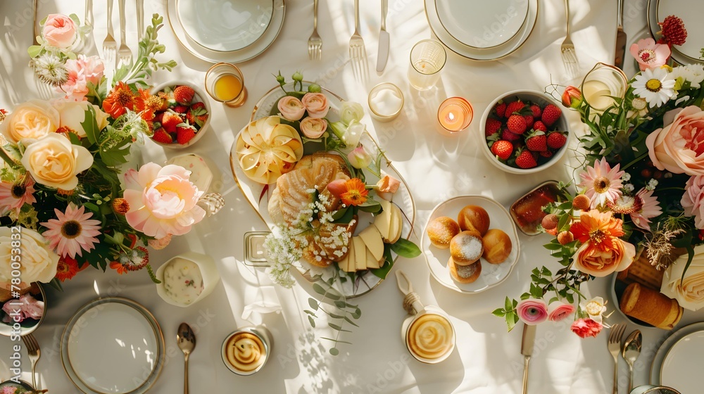 A sunlit table is set for a festive Mother's Day brunch adorned with vibrant flowers and a gourmet spread. A beautifully arranged dining table with elegant tableware and vibrant floral centerpieces