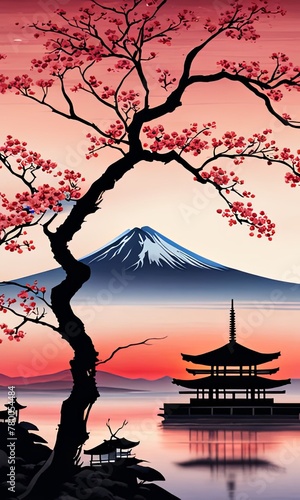 Japanese sunset over tranquil landscape  featuring traditional pagoda silhouetted against radiant sky. Blend of vibrant colors captures essence of peace.For art  creative projects  fashion  magazines.