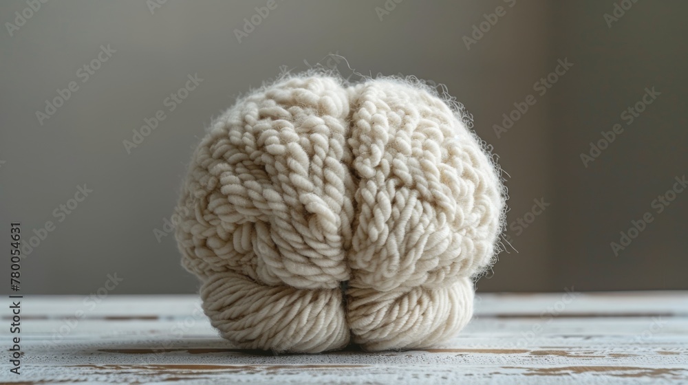 Shaped like a brain, this ball of yarn and thread is made of yarn and thread