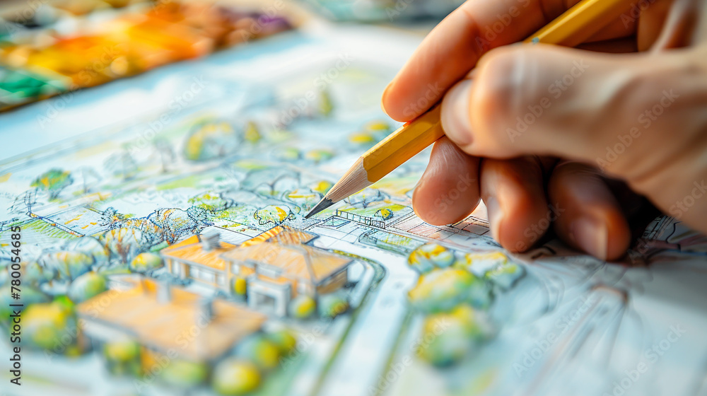 Fototapeta premium The architect draws the layout of a modern house,Generated by AI