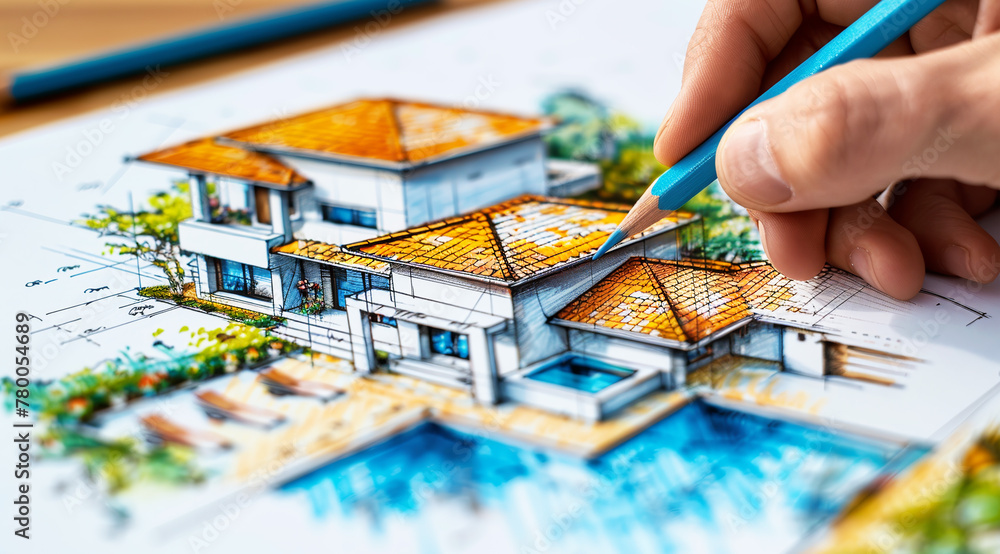 The architect draws the layout of a modern house,Generated by AI The architect draws the layout of a modern house,Generated by AI