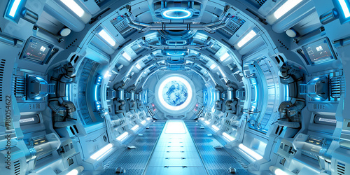 Glowing Futuristic Spaceship Interior Bathed in Radiant Blue and White Lighting .