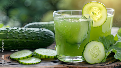 Refreshing cucumber juice served in a glass, accompanied by fresh cucumbers, arranged neatly on a wooden background