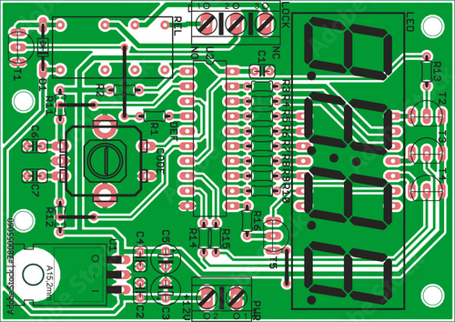 Vector printed circuit board of electronic 
device with components of radio elements, 
conductors and contact pads placed on it. 
Engineering drawing.