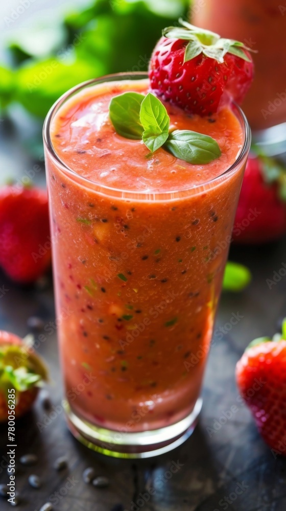 Freshly blended strawberry smoothie with basil on top in a glass on a table. Glass of strawberry smoothie with fresh basil leaves on a wooden table. The smoothie is a vibrant pink color.