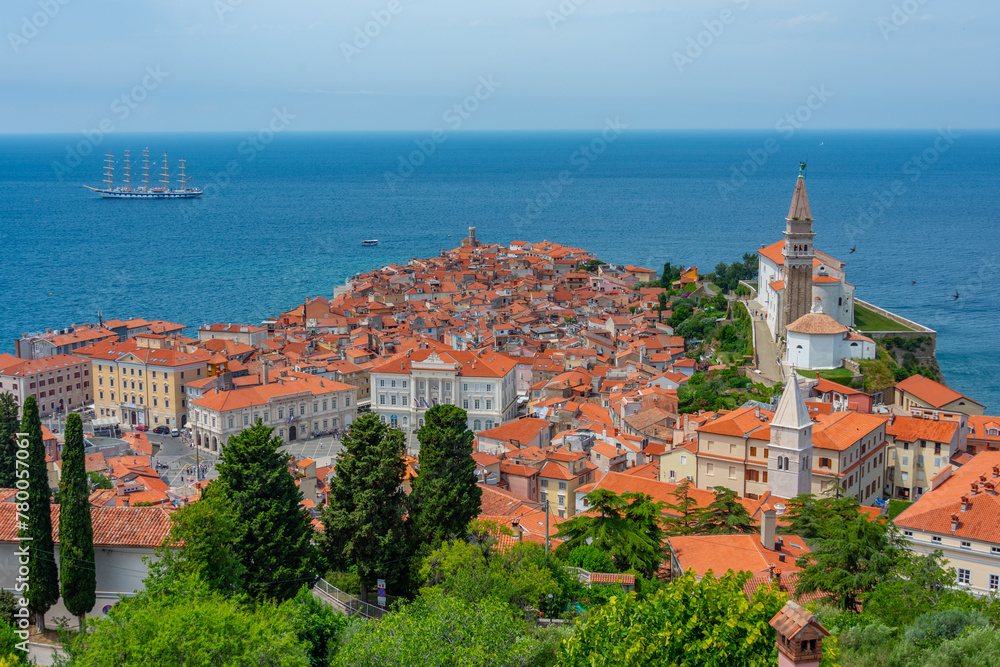 Fototapeta premium Aerial view of Piran taken from the old fortification, Slovenia