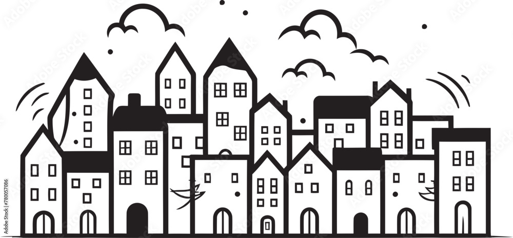 Urban Elegance: Simple Line Drawing Icon Cityscape Sketches: Vector Logo Design of Minimalist Townscape