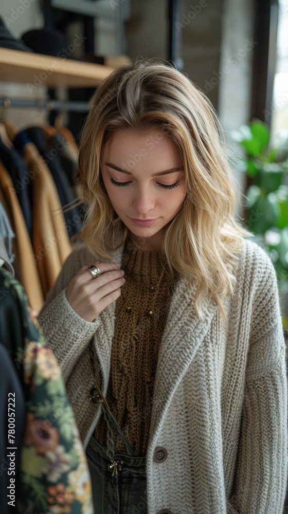 Woman Standing in Front of Rack of Clothes Woman Standing in Front of Rack of Clothes