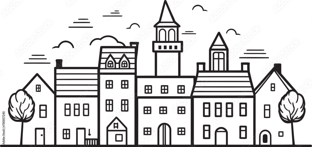 Cityscape Sketch: Minimalist Vector Logo Design Urban Vista: Simplified Townscape Line Drawing Icon