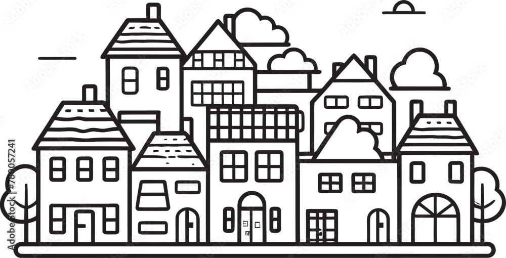Naklejka premium Architectural Essence: Townscape Vector Icon Cityscape Canvas: Clean Line Drawing Logo