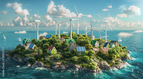  small island with wind turbines and solar panels, surrounded by the ocean, creating an ecofriendly environment © Poprock3d