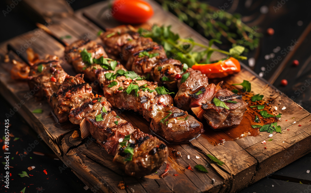 A wooden board with three juicy grilled beef kebab