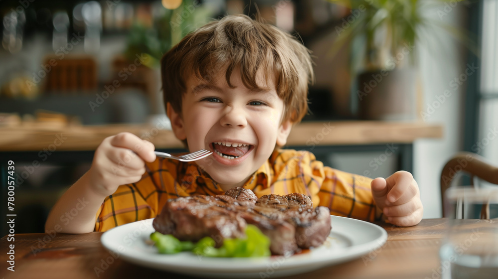 boy eating steak in the restaurant, 8 years old child with brown hair and yellow shirt, dining table